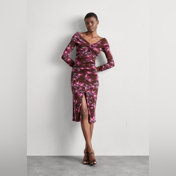 DIANE VON FURSTENBERG / clementine ruched mesh floral midi dress  Bodycon XXS - Picture 4 of 13